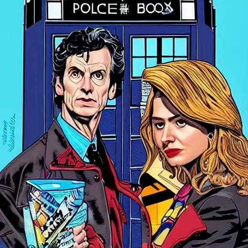 Image similar to a portrait of Doctor Who and the TARDIS, by MARVEL comics and Sandra Chevrier