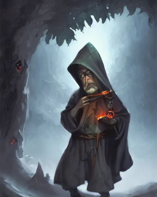 Image similar to male fantasy gnome spy, wearing a hooded cloak, playing a magical mandolin, shadowy figure by peter mohrbacher, artstation