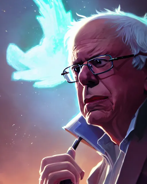 Image similar to bernie sanders as a league of legends champion, medium shot close up, details, sharp focus, illustration, by jordan grimmer and greg rutkowski, trending artstation, digital art