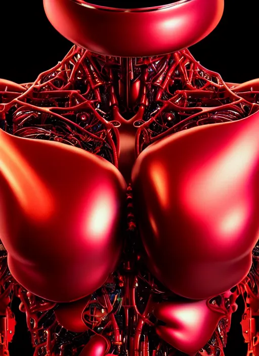 Prompt: organic cyborg full frontal torso close-up, vivid red satin plastic, diffuse lighting, fantasy, intricate, elegant, highly detailed, lifelike, photorealistic, digital painting, artstation, illustration, concept art, smooth, sharp focus, art by John Collier and Albert Aublet and Krenz Cushart and Artem Demura and Alphonse Mucha