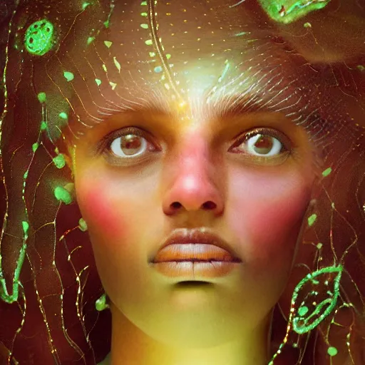 Image similar to a close - up shot of a brown woman wearing a luminous armor made of neon jelly fishes. surrounded by large jelly fishes. soft lighting. fragile. haunting jellyfish eyes!! coherent face!! no makeup!! muted colors. by ray caesar. by louise dahl - wolfe. by andrea kowch. surreal photography