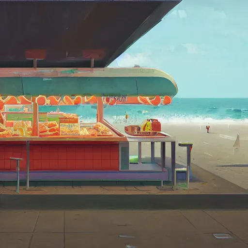 Image similar to fast food counter by the beach by simon stalenhag