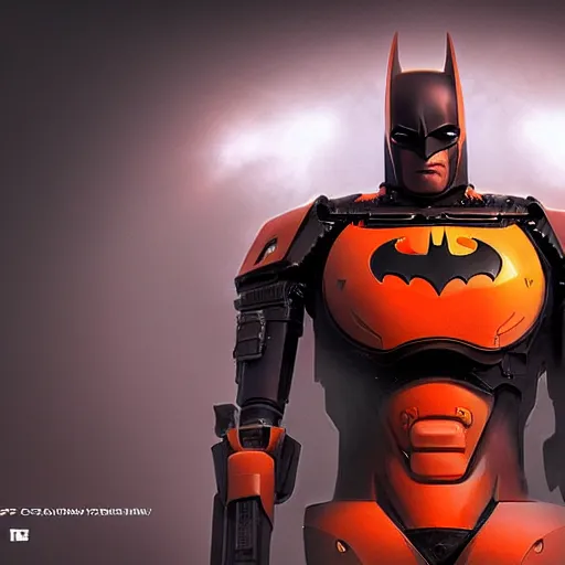 Image similar to concept render of an orange robot batman by cedric peyravernay and leon tukker