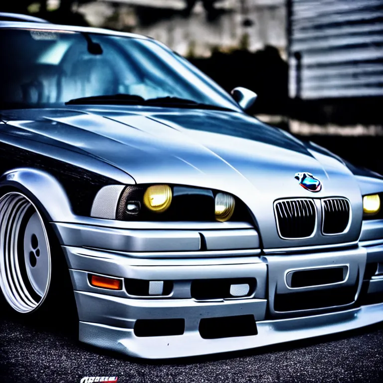 Prompt: close-up-photo BMW E36 illegal meet, cambered wheels, Saitama prefecture, misty midnight, cinematic color, photorealistic, high detailed wheels, highly detailed, custom headlights, subtle neon underlighting