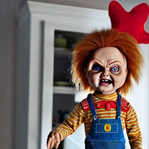 Prompt: chucky the killer doll standing on the kitchen table