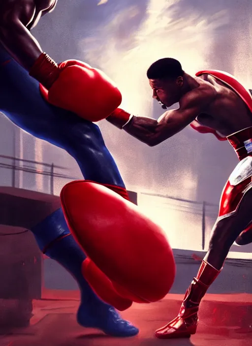Prompt: scene of Micheal B Jordan with red boxing gloves shirtless punching captain america, realistic, detailed, 4k by Greg Rutkowski Mark Arian trending on artstation