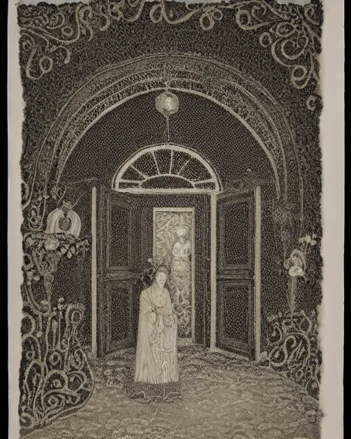 Image similar to a woman standing in a doorway, made of intricate decorative lace leaf skeleton, in the style of the dutch masters and gregory crewdson, dark and moody