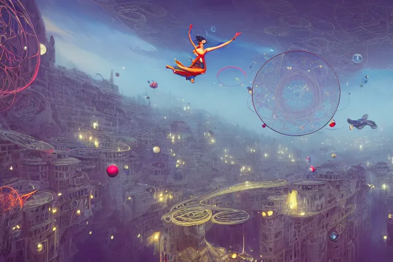 Prompt: super wide view of a magic school, flying students, energetic, happy, so many magic circles on the background, bridges to the another dimensions, hyperdetailed and aesthetic face and body, octane render, unreal engine, 8 k, intricate, surrealistic fantasy illustration by conrad roset and peter mohrbacher and frank moth