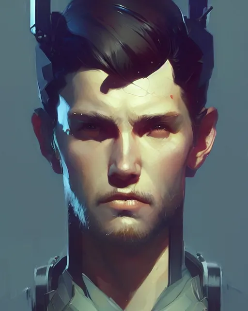 Image similar to a handsome man, sci - fi, mechanical parts, rugged, masculine, fantasy clothing, sharp jaw, digital painting by ilya kuvshinov, greg rutkowski, wlop, james jean, victo ngai, beautifully lit, muted colors, highly detailed, dynamic pose, artstation, fantasy art by craig mullins