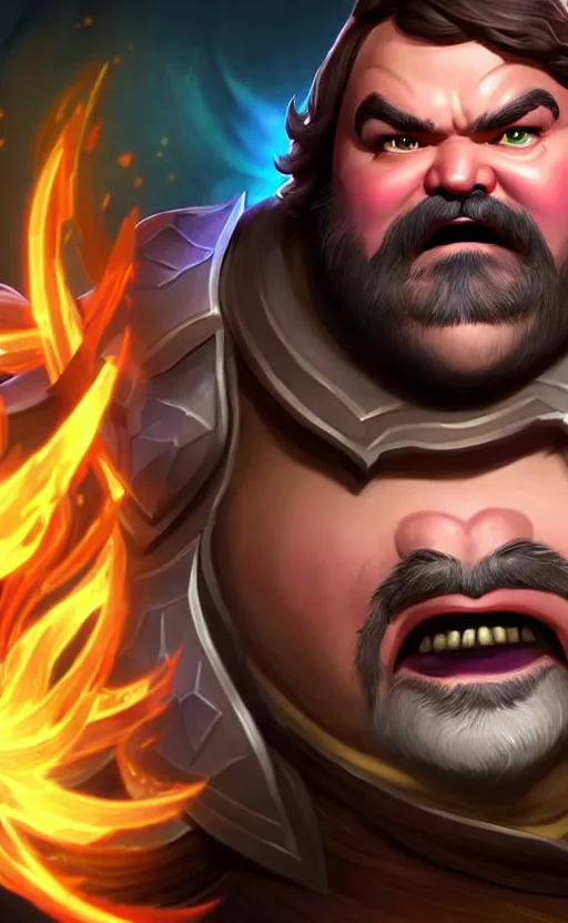 Image similar to Jack Black as a character in the game League of Legends, with a background based on the game League of Legends, detailed face, old 3d graphics