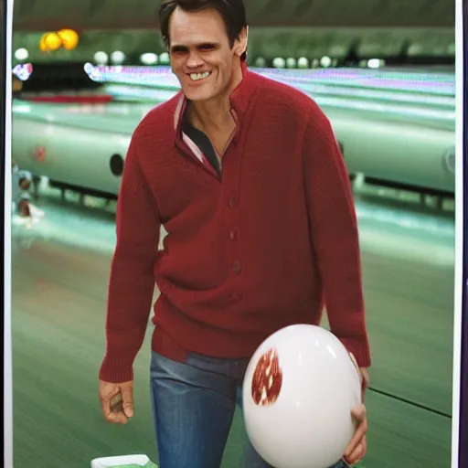 Prompt: a bowling carrier with a print of jim carrey