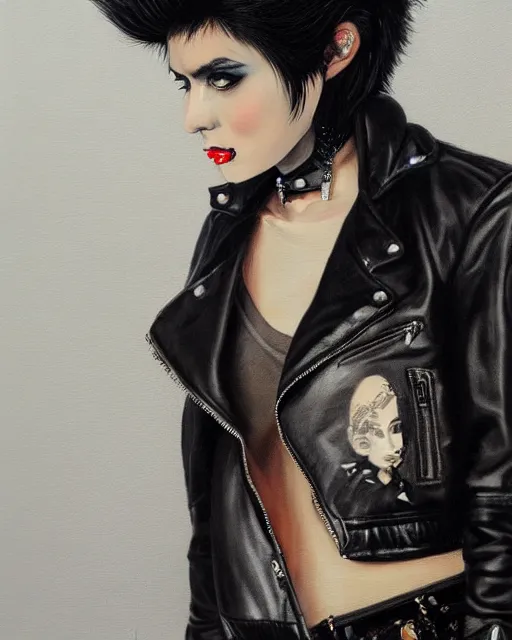 Image similar to portrait painting of a punk woman in a leather bomber jacket, medium shot, asymmetrical, profile picture, rainy night, trending on artstation, by huang guangjian