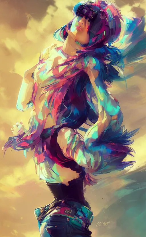 Image similar to a kawaii woman with rainbow hair dancing, kawaii shirt and jeans, In style of Yoji Shinkawa, wojtek fus, by Jordan Grimmer and greg rutkowski, concept art, highly detailed