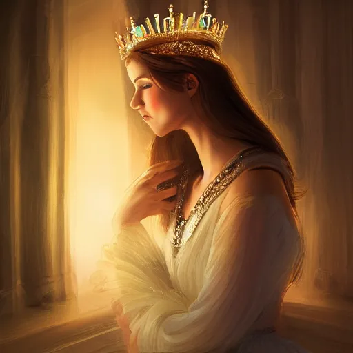 Prompt: a princess looking at a glowing crown, digital painting, hd, smooth, Rutkowski Greg