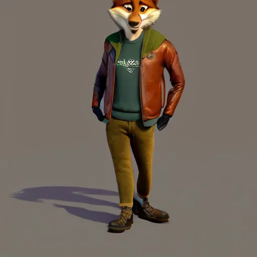 Prompt: portrait, 3d render , anthropomorphic coyote male , wearing along brown leather jacket , in the style of Zootopia