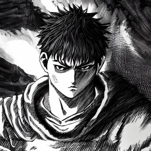 Prompt: guts in the style of kentaro miura, 4 k, 8 k, absolute detail of even the smallest details and particles, beautiful shadows, beautiful art, black and white drawing, high rendering of the details of the environment, faces and characters