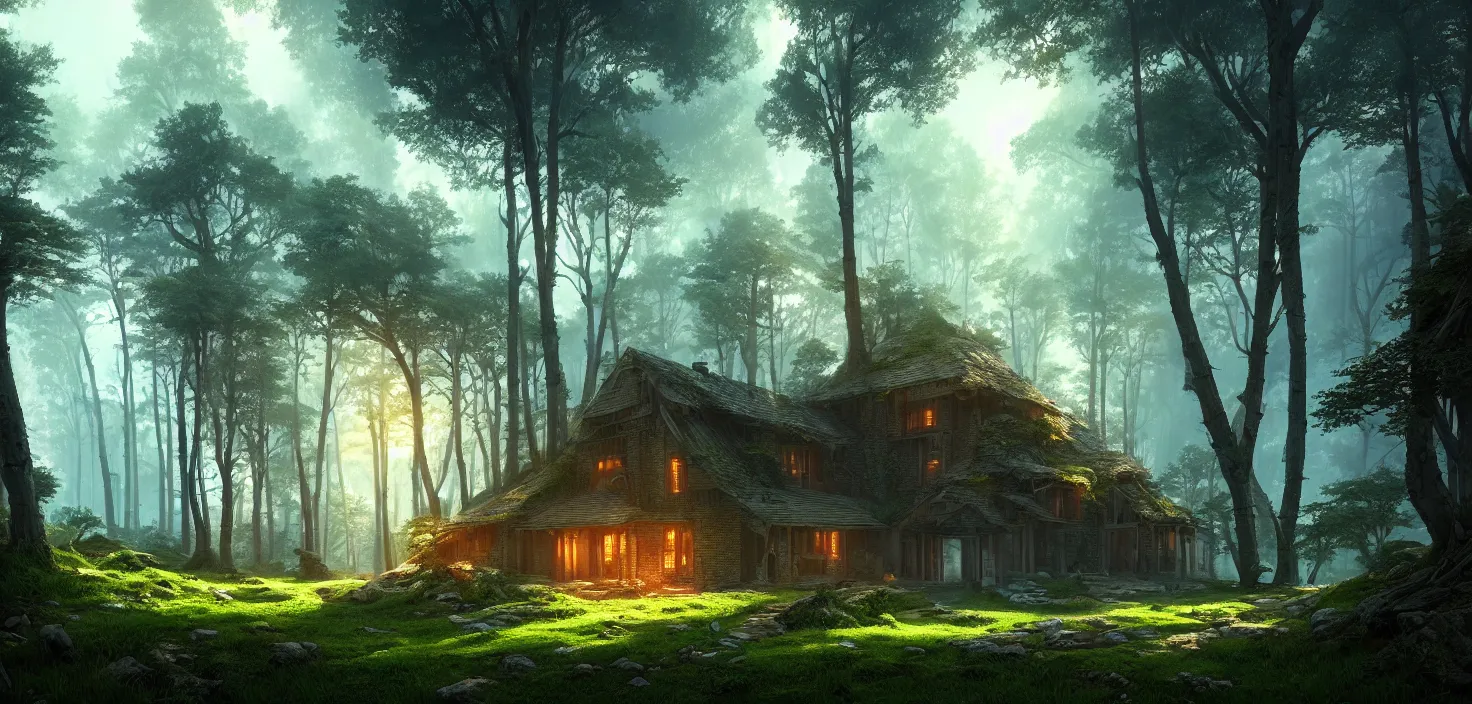 Image similar to random forest house landscape, incredible, vector art, octane render, fabulous, hyper detailed, random cinematic view, no noise, global illumination, warm lighting, volumetric, godrays, vivid, beautiful, by jordan grimmer