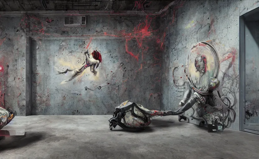 Prompt: ( ( ( ( ethereal ghost floats through ) ) ) ) interior futuristic art gallery wide angle highly detailed by ricardo boffil, wall hanging paintings of grafitti art by saturno butto and wlod, captivating 8 k hdr, octane render godrays