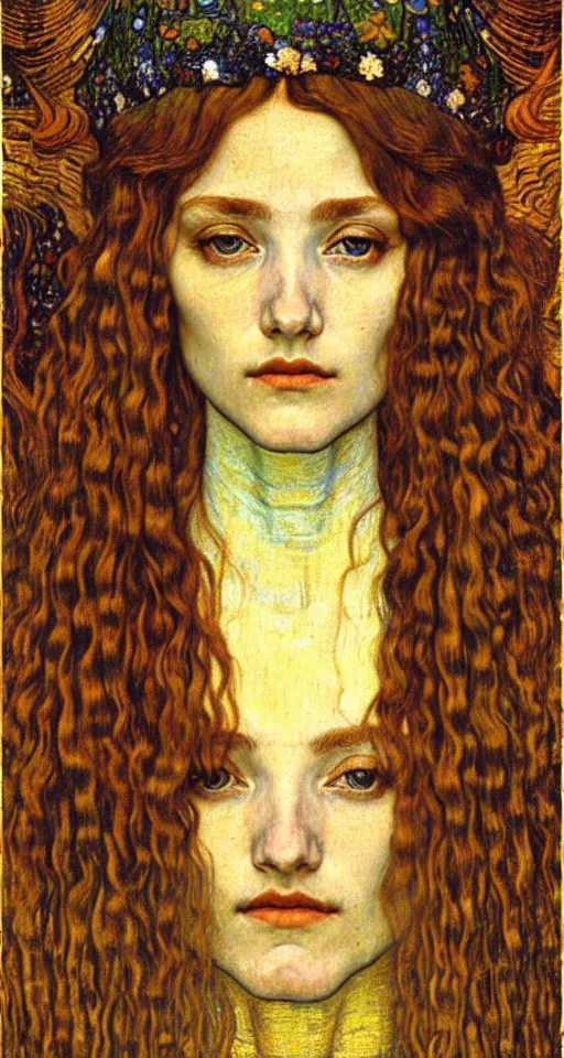 Image similar to detailed realistic beautiful young medieval queen face portrait by jean delville, gustav klimt and vincent van gogh, art nouveau, symbolist, visionary, gothic, pre - raphaelite, muted earthy colors, desaturated