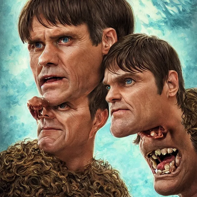 Image similar to two - headed hydra of lerna, jim carey as lloyd christmas beside jeff daniels as harry dunne ( from dumb and dumber ), serpentine water monster, d & d, fantasy, portrait, highly detailed, digital painting, trending on artstation, concept art, sharp focus, illustration, art by artgerm and greg rutkowski and magali villeneuve