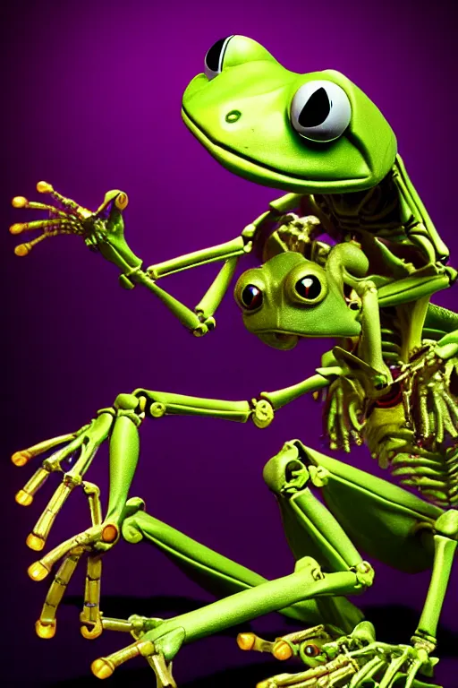 Image similar to movie poster of kermit the terminator, chromatic humanoid skeleton frog skeleton hybrid, robot, ultra realistic, cinematic lighting hd photography,