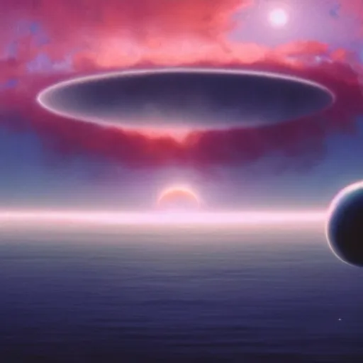 Image similar to beautiful matte painting of a dreamy ocean with clouds, sci - fi, daylight, blue sky, cinematic lighting, cinematic perspective, black hole planet above, syd mead, john harris, federico pelat, detailed, 4 k, hd