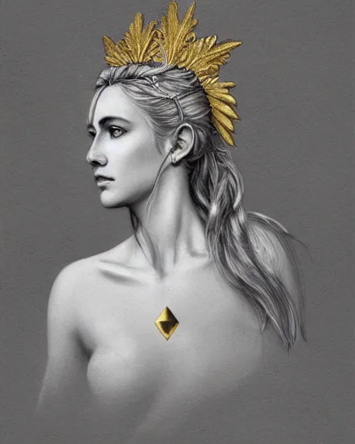 Image similar to front view of beautiful aphrodite greek goddess wearing a gold laurel wreath and triangle earrings, realism tattoo sketch, beautiful piercing eyes with sharp pupils, beautiful blonde hair, in the style of greg rutkowski, fantasy, amazing detail, epic, elegant, smooth, sharp focus