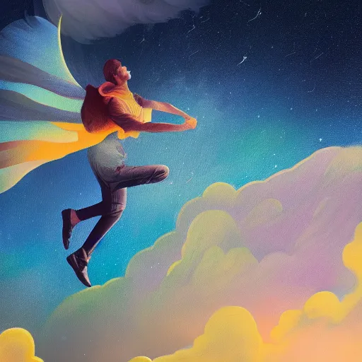 Image similar to a painting of a person flying through the sky, an ultrafine detailed painting by petros afshar, shutterstock contest winner, metaphysical painting, sense of awe, behance hd, windows vista