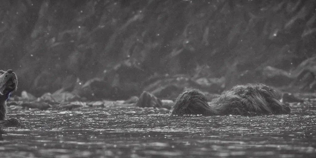 Image similar to hairy evil cryptid standing in an alaskan river at night, flash light, long lens, telephoto, Monster