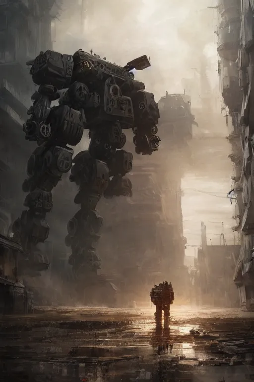 Prompt: ultra realist and ultra intricate detailed soft painting of a large mech in the style of battletech, standing in a post-apocalyptic street, sensual gloomy style, volumetric clouds, artstation, unreal render, depth of field