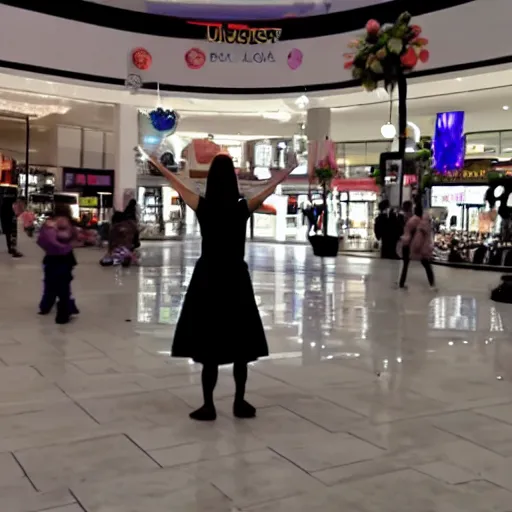 Image similar to security camera footage of a witch performing a complex ritual in the middle of a mall, eerie light