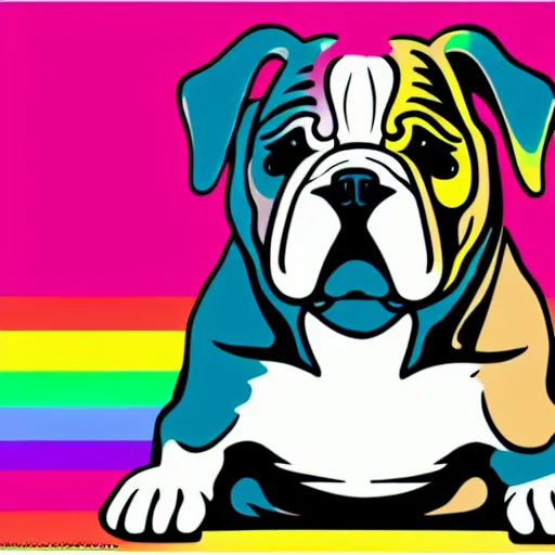 Prompt: rainbow excited smiling bulldog puppy. pop art.
