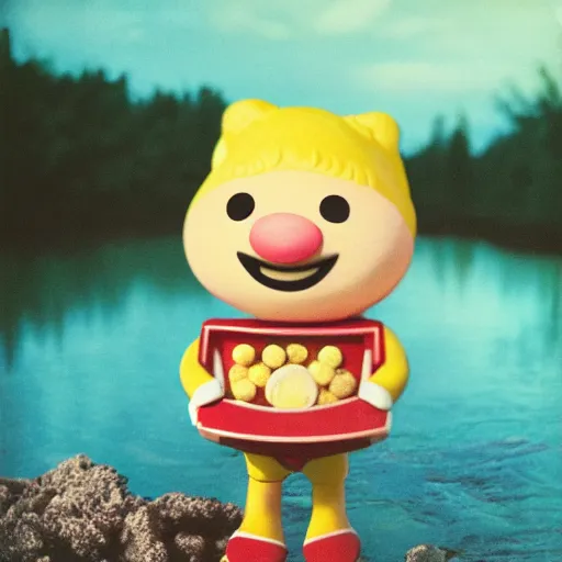 Image similar to A polaroid photo of a cereal mascot standing in a shallow river, dreamy lighting, hi-res photo