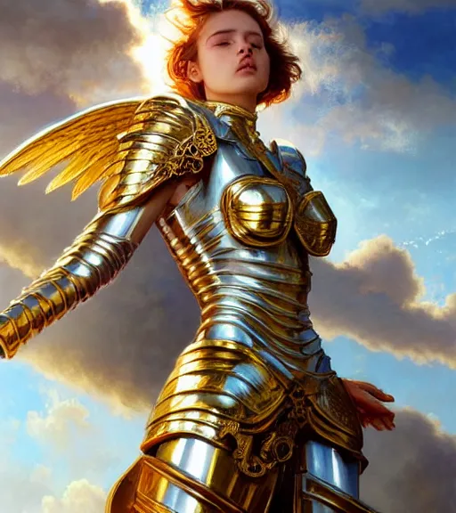 Image similar to A beautiful angel wearing metallic battle armor and a flaming sword, wing, among heavenly sunlit clouds, close-up shot, intricate, elegant, digital painting, golden hour, cinematic, trending on artstation, concept art, smooth, sharp focus, illustration, art by artgerm and Greg Rutkowski and Alphonse Mucha