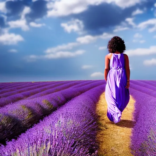 Image similar to a beautiful woman walking through a lavender field , cinematic, 8k, glowing