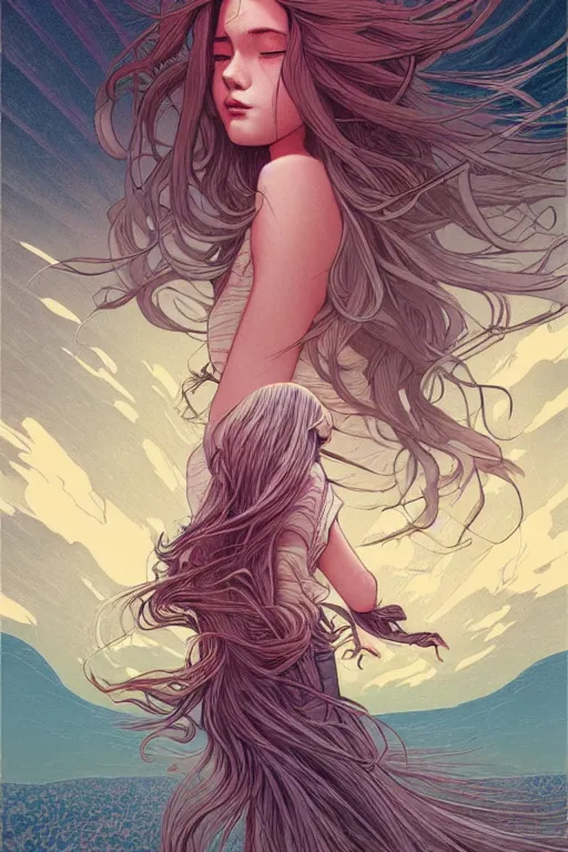 Image similar to concept art design illustration, teen girl walking away alone street flowing hair, sad, fantasy book cover illustration!!, 1 6 colors, logo, ink drawing, 8 k, hyperrealistic, hyperdetailed art by jc leyendecker and sachin teng