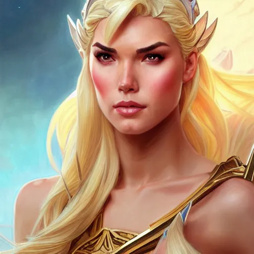 Image similar to Odette Annable with blonde hair as She-Ra, western, D&D, fantasy, intricate, elegant, highly detailed, digital painting, artstation, concept art, matte, sharp focus, illustration, art by Artgerm and Greg Rutkowski and Alphonse Mucha