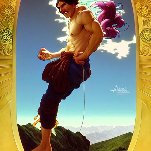 Prompt: cinematic painting of tomba!!!!!!!!!!!!!!!!! climbing a windy mountain, by artgerm, greg hildebrant, alphonse mucha, dan mumford