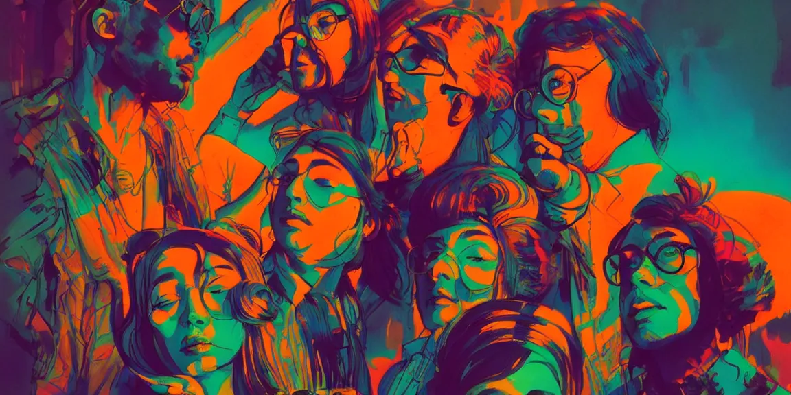 Image similar to duotone trippy 1 9 6 0 s lsd concept illustration of psychedelic hippy musicians. volumetric lighting. golden ratio accidental renaissance. by sachin teng and sergey kolesov and ruan jia and heng z. graffiti art, scifi, fantasy, hyper detailed. octane render. concept art. trending on artstation.