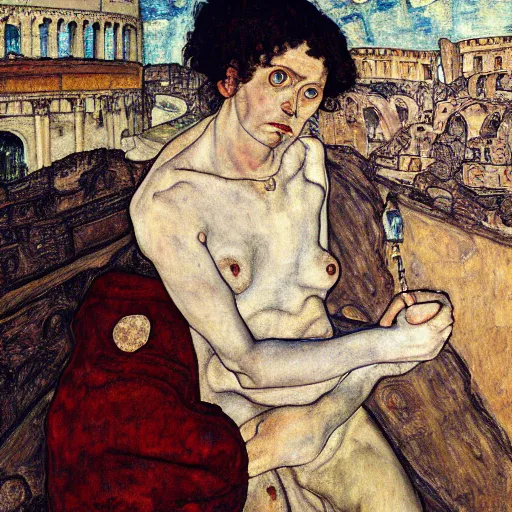 Prompt: a highly detailed painting by egon schiele and caravaggio of a young woman with long black hair having an existential crisis on a terrace overlooking the colosseum, 4 k