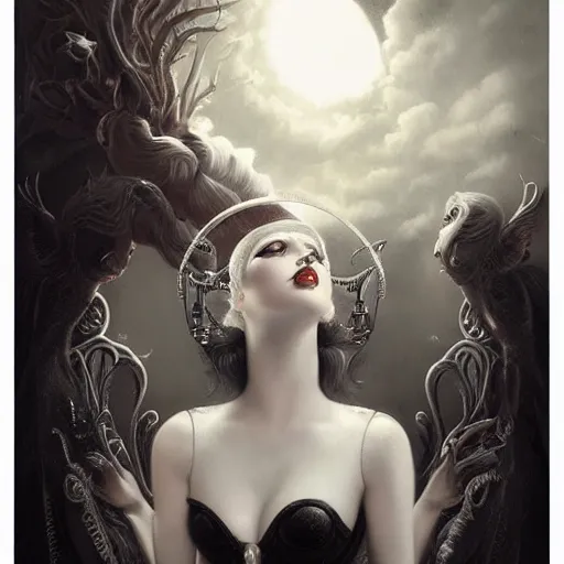 Prompt: By Tom Bagshaw, ultra realist soft painting of a curiosity carnival by night, very beautiful horn female gothic wearing corset, partial symmetry features, very intricate details, omnious sky, black and white, volumetric light clouds