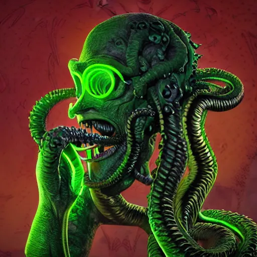 Image similar to Cthulu having a smoke after a long day of being worshipped, Lovecraftian, detailed, Weta Softworks, neon green highlights, 8k render