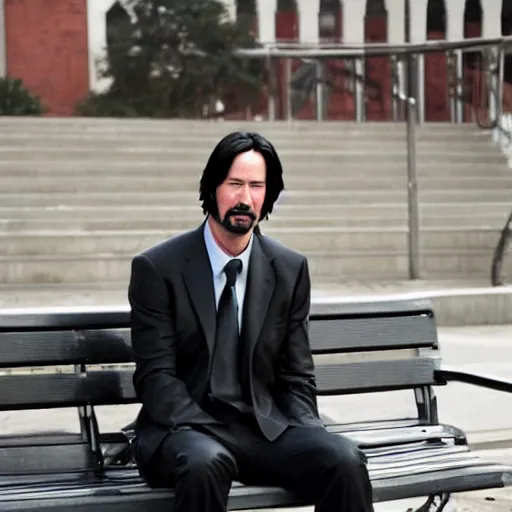 Image similar to Sad Keanu Reeves In a business black suit, sitting on a bench and sad, focus in the foreground, realism, details,