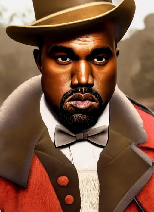 Image similar to portrait kanye west as willy wonka in red dead redemption 2, splash art, movie still, cinematic lighting, ray tracing, octane render, long lens, shallow depth of field, bokeh, anamorphic lens flare, 8 k, hyper detailed, 3 5 mm film grain