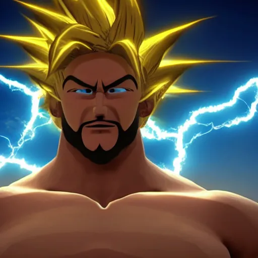 Image similar to Jesus Christ going super saiyan, muscular, lightning in the sky, glowing, highly detailed, focus, realistic vfx simulation, cryengine