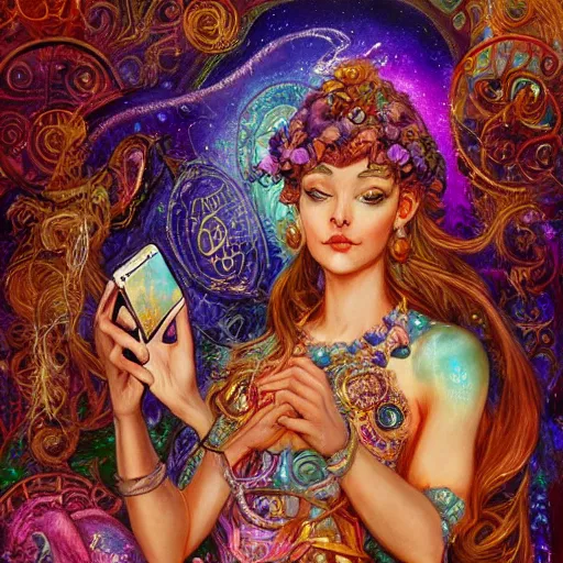 Image similar to a zodiac goddess checking her cell phone by senior concept artist josephine wall, acrylic on canvas, intricately detailed, high resolution trending on artstation