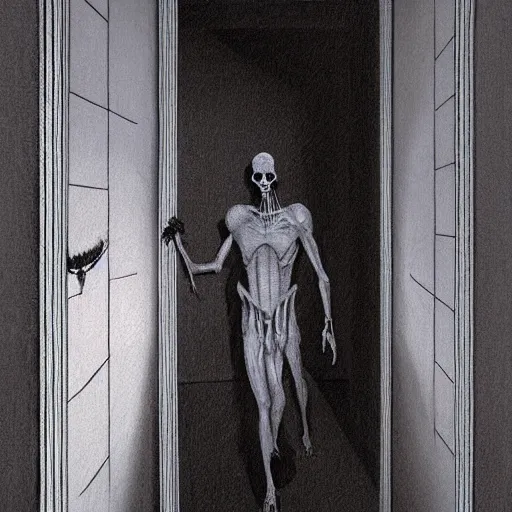 Image similar to scary painting of the spooky horrific tall man exiting from a wardrobe, moonlight, bedroom, horror, mystery, spooky, paranormal monster, photorealism, dramatic lighting, by wayne barlowe, children's book, illustration, trending on artstation