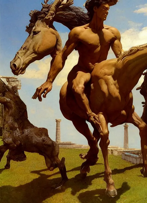 Prompt: full body portrait of a centaur beside greek temple, by boris vallejo and lawrence alma-tadema and simon bisley and greg manchess and zdzislaw beksinski and norman rockwell