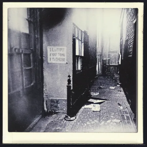 Prompt: Polaroid photograph of a crime scene of the serial killer Jack the Ripper, unsettling, creepy, horrific, gruesome, hyper detailed, high contrast