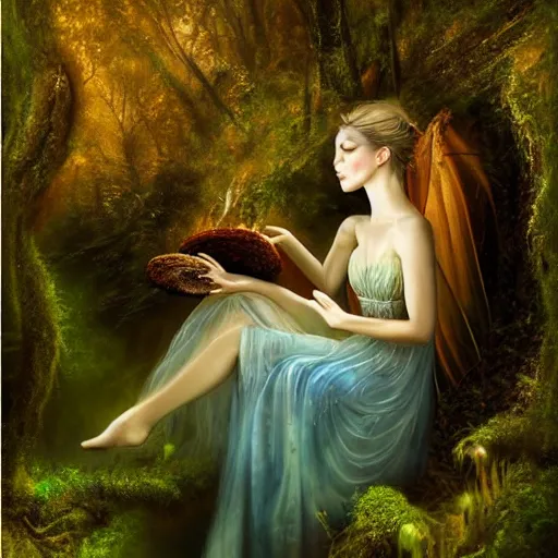 Prompt: epic oil painting of a beautiful fairy with a beautiful face and flawless skin wearing a gauze dress, landing on a mushroom in the forest, moss, fog